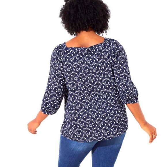 LOFT Navy Vine Print Square Neck Blouse Size L - Picture 2 of 7